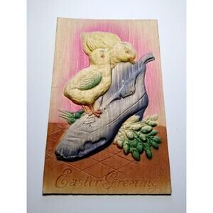 Easter Postcard Thick 3-D Raised Image Shoe Baby Chicks 1911 Vintage Airbrushed